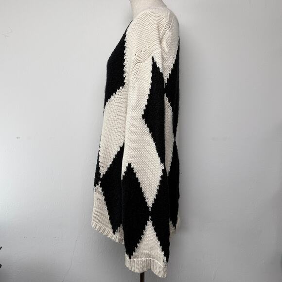 Khaite Valerie Argyle Cashmere Sweater Deep V-Neck Cream Black Oversized Cozy M - Picture 4 of 14